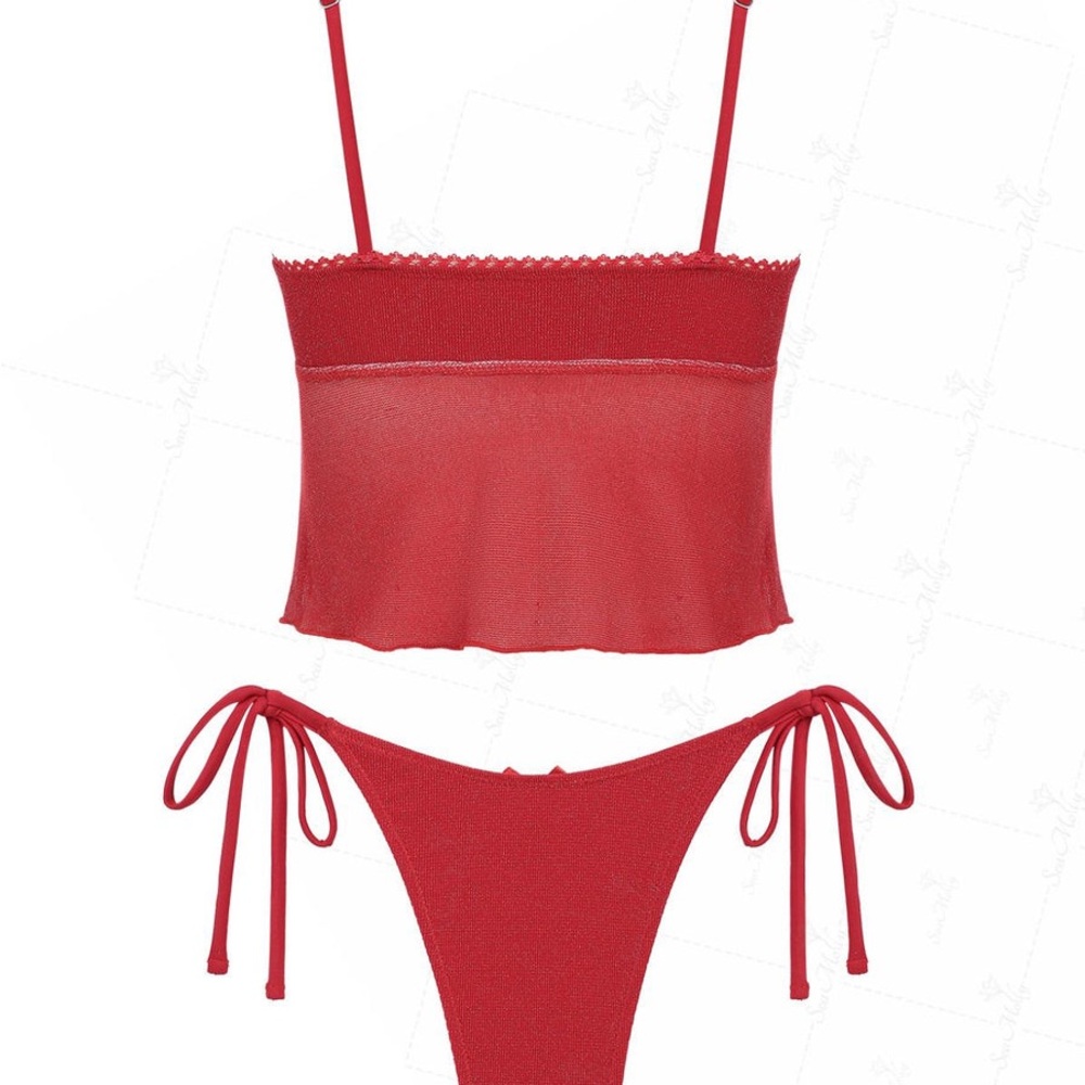 Women's Red Sparkle Tie-Side Bikini Set - Picture 4 of 11
